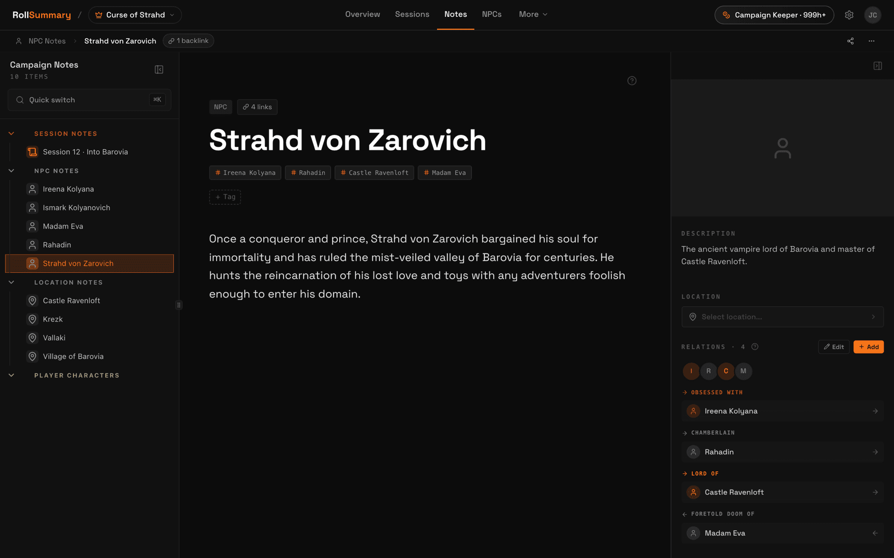Strahd von Zarovich's NPC note in RollSummary with a description, relationships, and backlinks