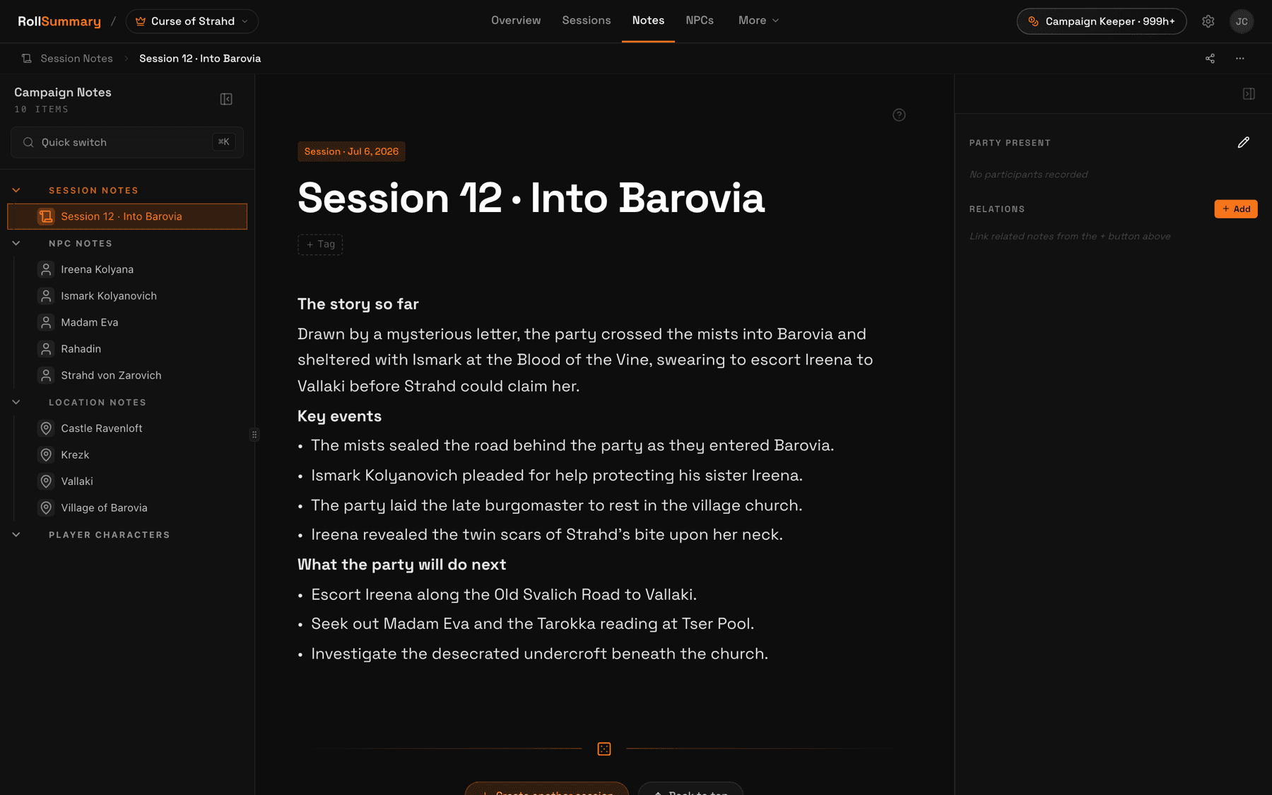 A Curse of Strahd session recap in RollSummary: a TL;DR, key events, and the party's next moves