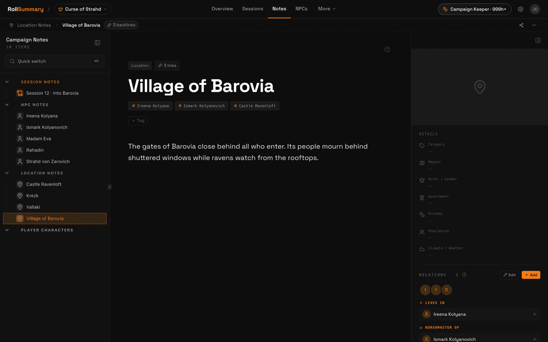 The Village of Barovia location note in RollSummary with linked notes and world-building details